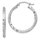 Sterling Silver RH-plated Satin Diamond-cut 2.5x25mm Twisted Hoop Earrings