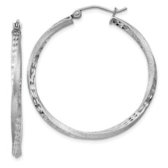 Sterling Silver RH-plated Satin Diamond-cut 2.5x35mm Twisted Hoop Earrings