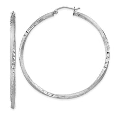 Sterling Silver RH-plated Satin Diamond-cut 2.5x50mm Twisted Hoop Earrings