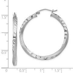 Sterling Silver Rhod-plated Satin Diamond-cut Twisted 3x35mm Hoop Earrings