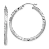 Sterling Silver Rhod-plated Satin Diamond-cut Twisted 3x35mm Hoop Earrings