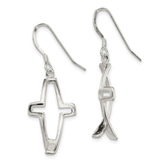 Sterling Silver Polished Cross Ichthus Dangle Earrings