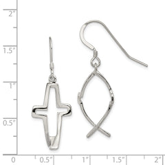 Sterling Silver Polished Cross Ichthus Dangle Earrings