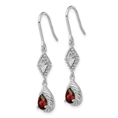 Sterling Silver Rhodium-plated Polished Diamond-cut & Textured Red CZ Teardrop Dangle Earrings