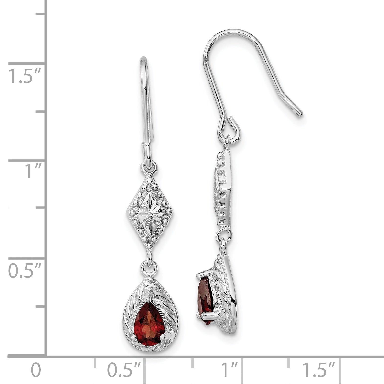 Sterling Silver Rhodium-plated Polished Diamond-cut & Textured Red CZ Teardrop Dangle Earrings