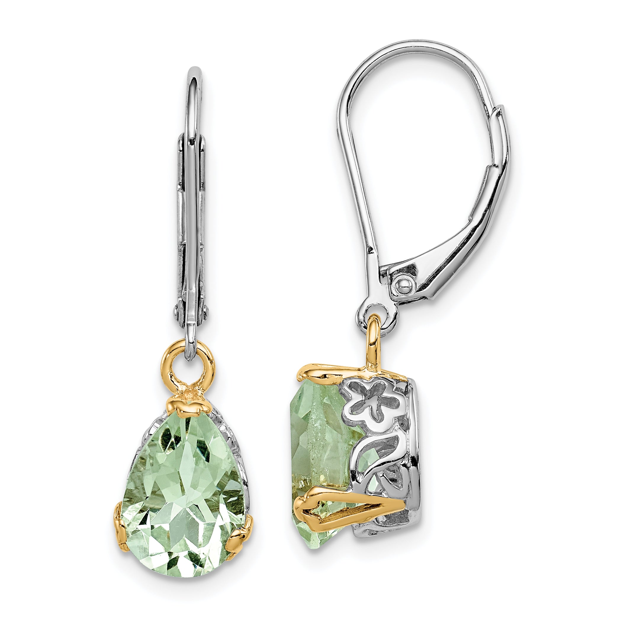 Brilliant Gemstones Sterling Silver with 14K Accent Rhodium-plated Green Quartz Leverback Earrings