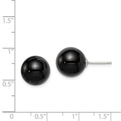 Sterling Silver Rhod-pltd 12-12.5mm Black Agate Ball Post Earrings