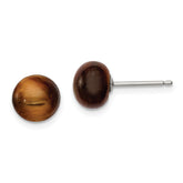 Sterling Silver Rhod-pltd 8-8.5mm Tiger's Eye Button Post Earrings