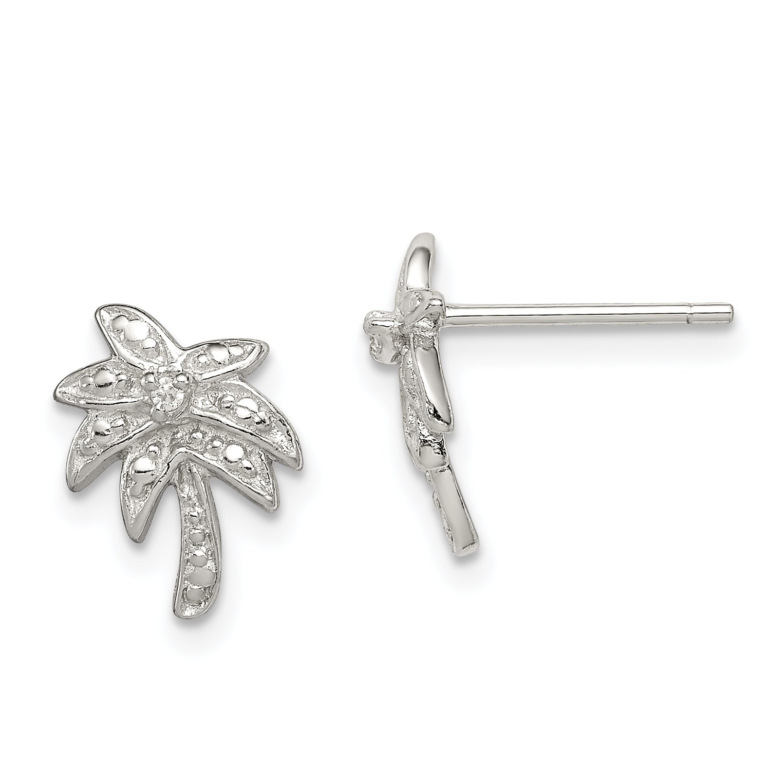 Sterling Silver Rhodium-plated CZ Palm Tree Post Earrings