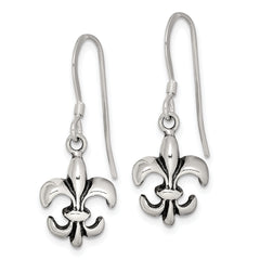 Sterling Silver Polished & Antiqued Fleur de Lis Dangle Earrings