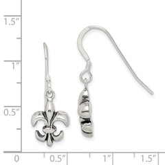 Sterling Silver Polished & Antiqued Fleur de Lis Dangle Earrings