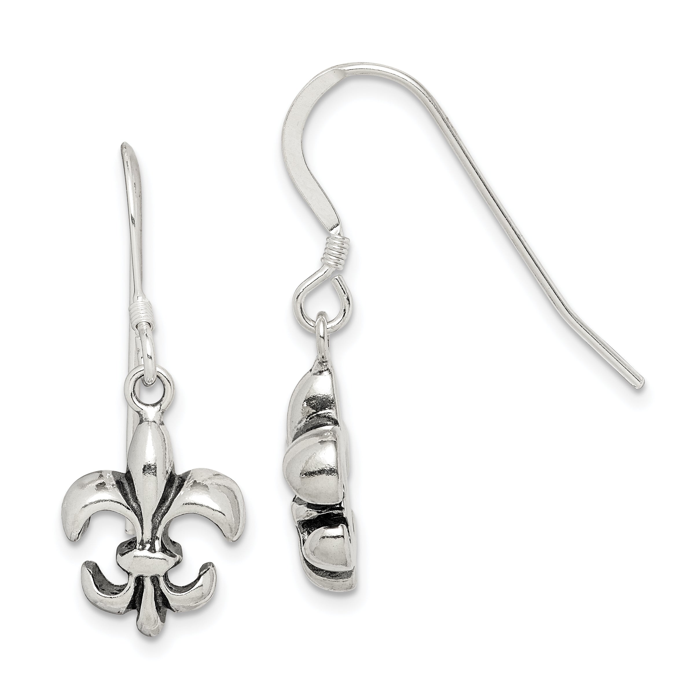 Sterling Silver Polished & Antiqued Fleur de Lis Dangle Earrings