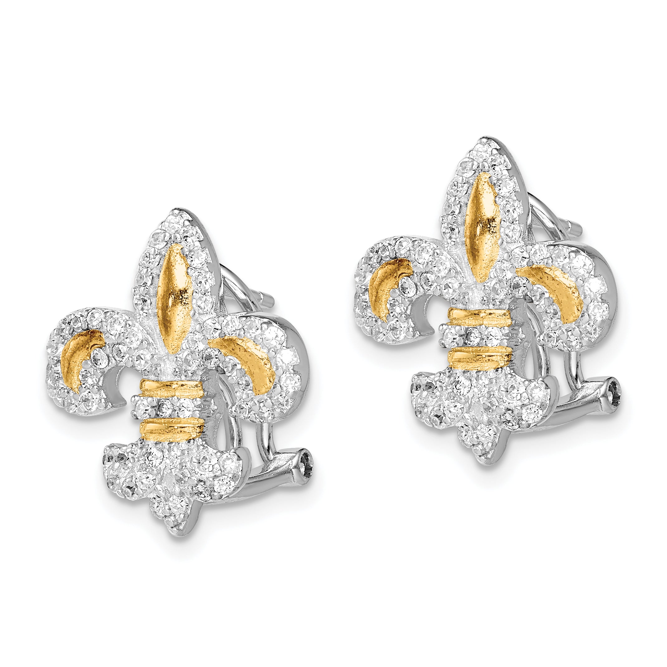 Sterling Silver Rhodium-plated with Gold Tone Vermeil CZ Fleur de Lis Omega Back Earrings
