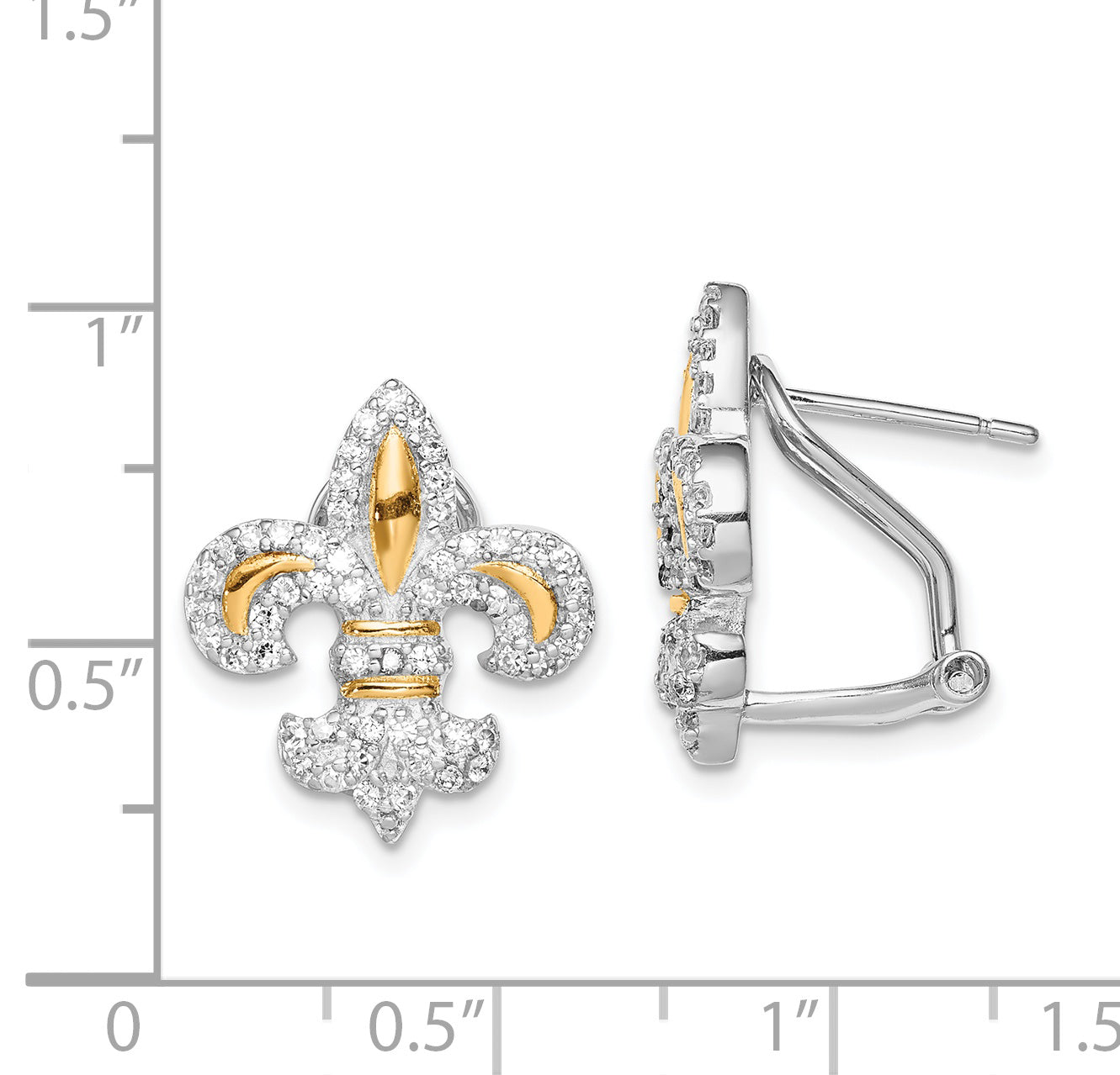 Sterling Silver Rhodium-plated with Gold Tone Vermeil CZ Fleur de Lis Omega Back Earrings