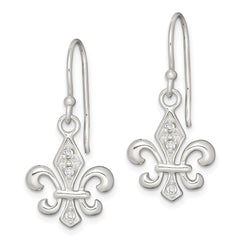 Sterling Silver Polished CZ Fleur de Lis Dangle Earrings