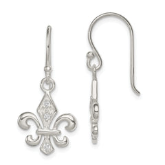 Sterling Silver Polished CZ Fleur de Lis Dangle Earrings