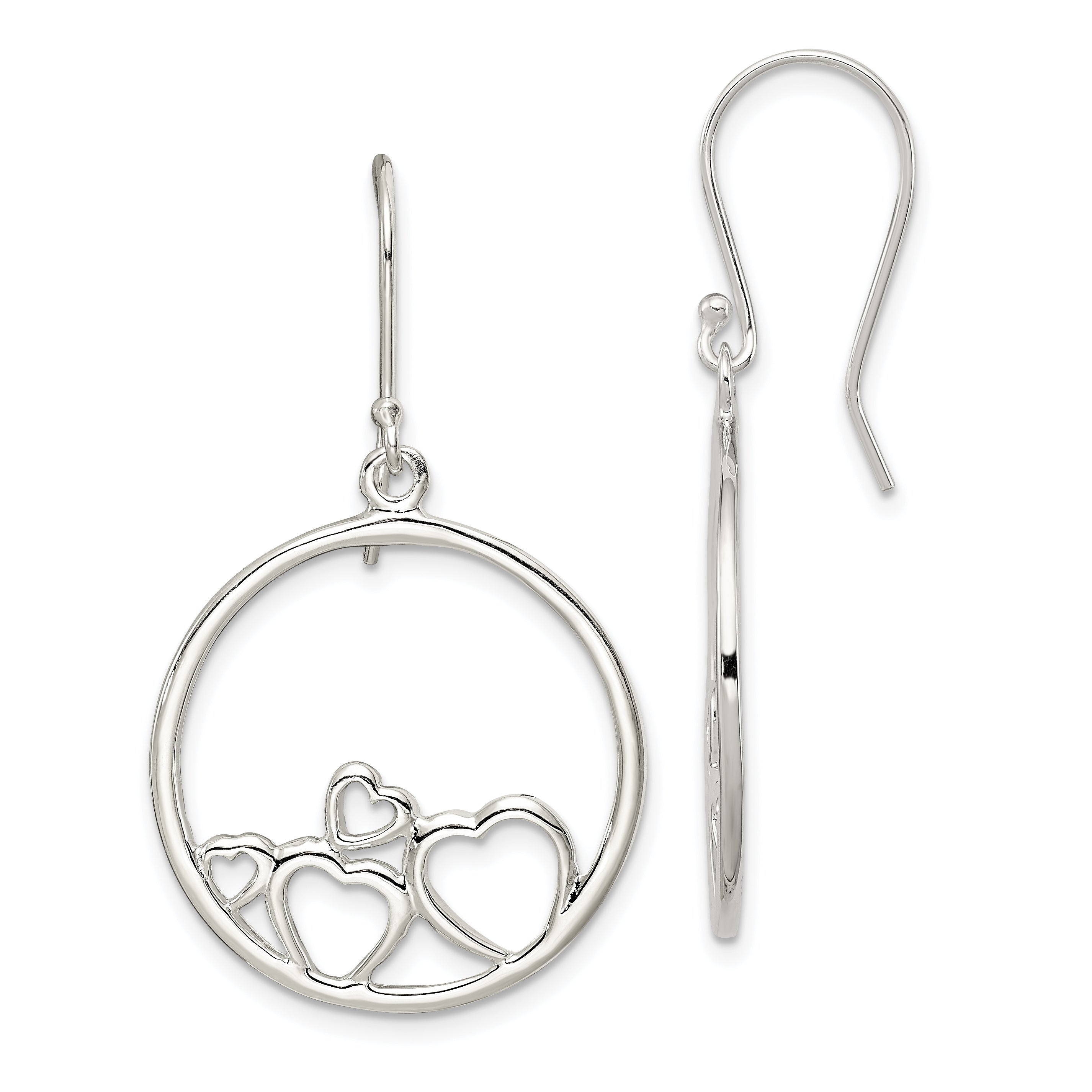 Sterling Silver Rhodium-plated Polished Open Hearts Circle Dangle Earrings