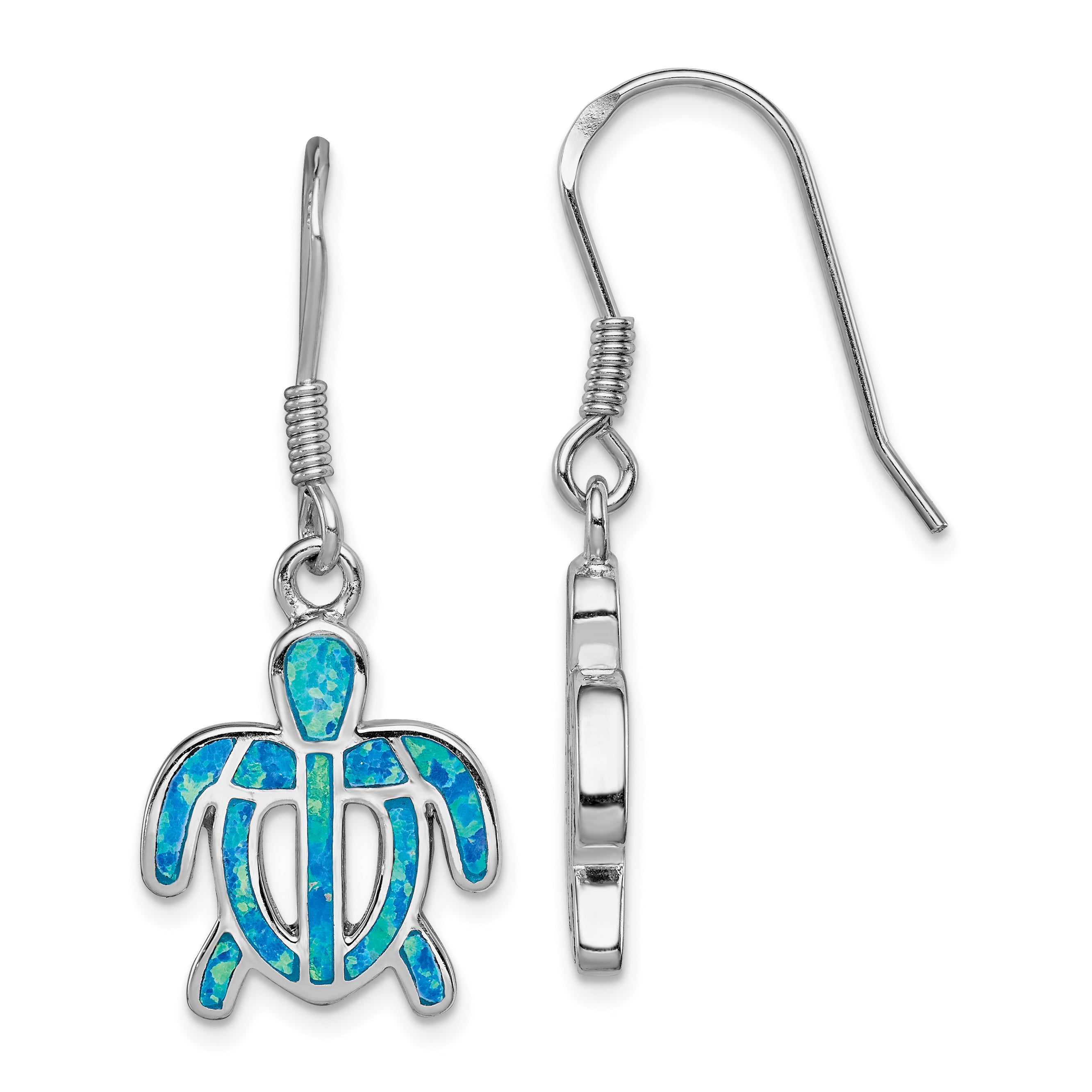 Sterling Silver Rhod-pltd Created Blue Opal Inlay Tortoise Dangle Earrings