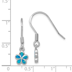 Sterling Silver Rhod-pltd Created Blue Opal Inlay Flower Dangle Earrings