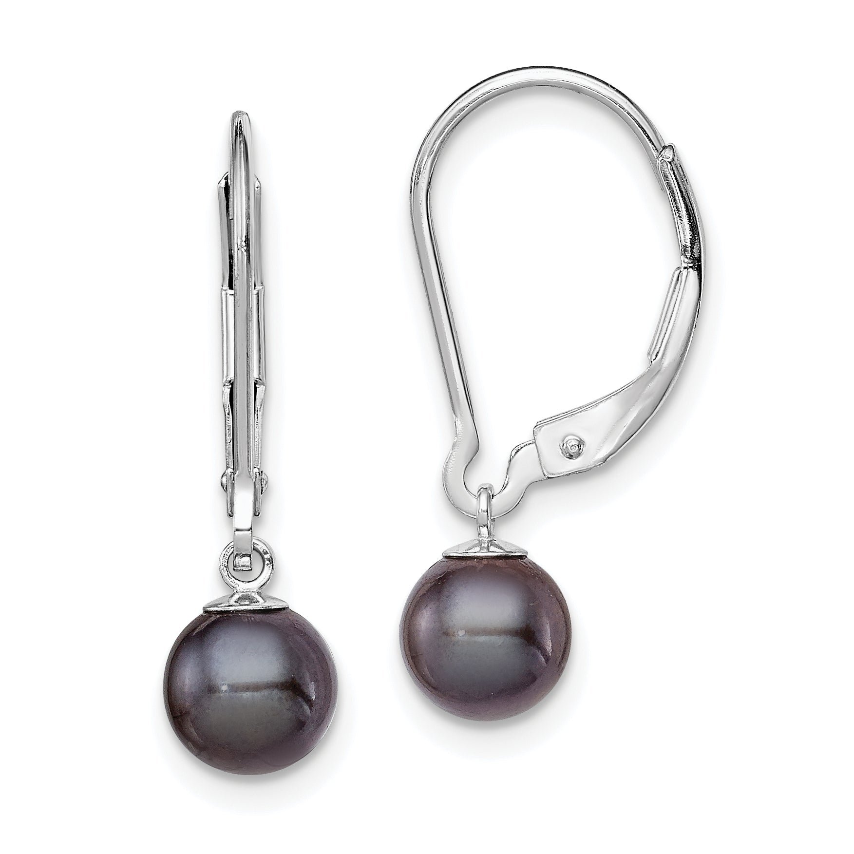 Sterling Silver Rhodium-plated Polished 6-7mm Black Freshwater Cultured Pearl Leverback Dangle Earrings