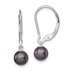 Sterling Silver Rhodium-plated Polished 6-7mm Black Freshwater Cultured Pearl Leverback Dangle Earrings