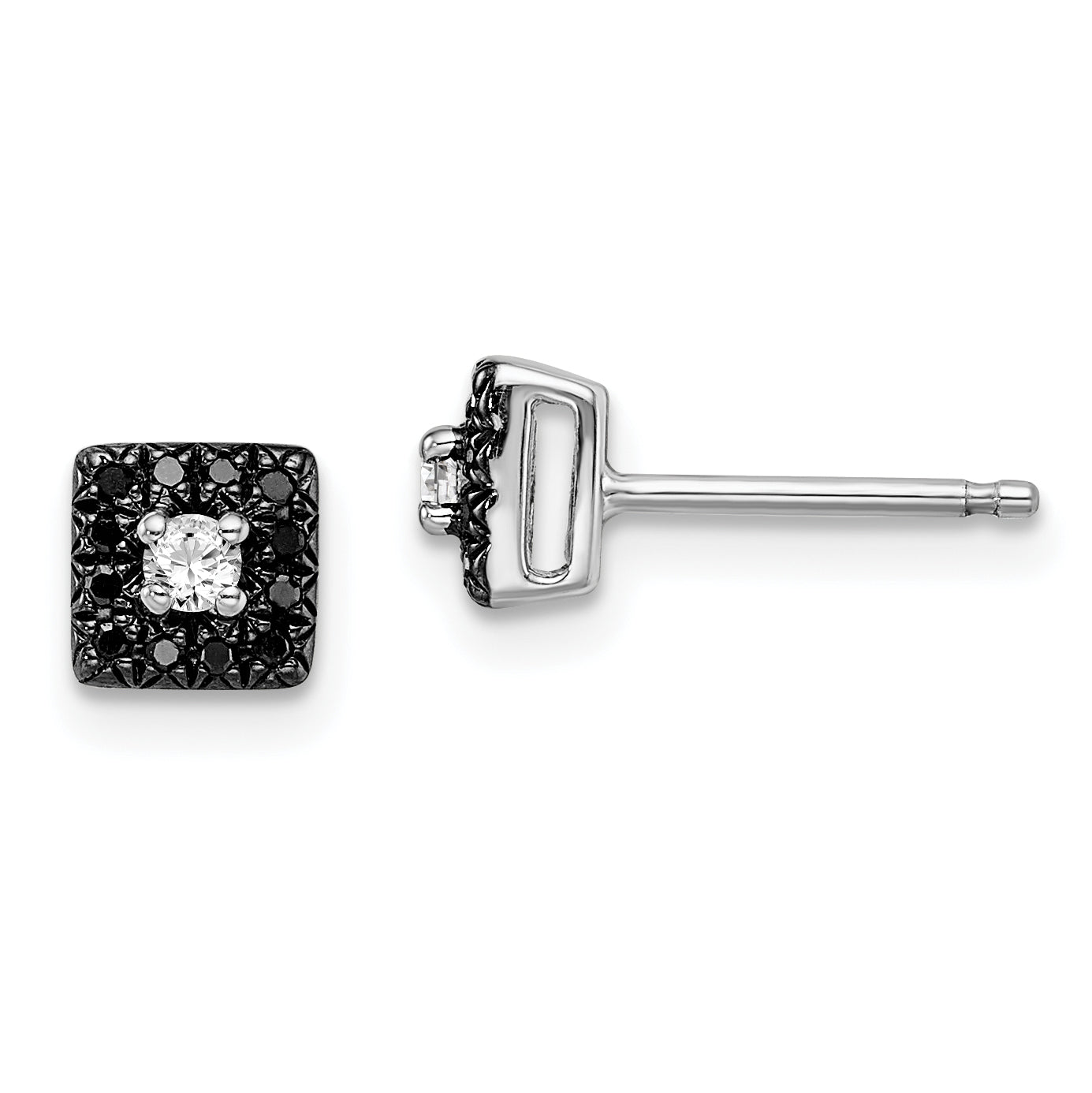 White Night Sterling Silver Rhodium-plated Black and White Diamond Square Stud Post Earrings
