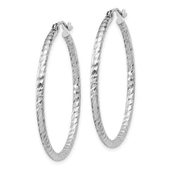 Sterling Silver Rhodium Plated Diamond-cut 2x35mm Hoop Earrings