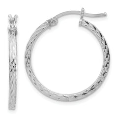 Sterling Silver Rhodium-plated Diamond-cut 2x25mm Square Tube Hoop Earrings