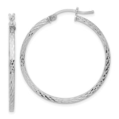 Sterling Silver Rhodium-plated Diamond-cut 2x35mm Square Tube Hoop Earrings