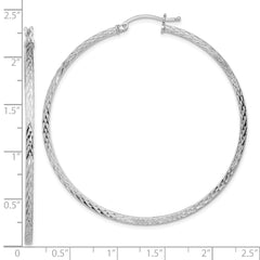 Sterling Silver Rhodium-plated Diamond-cut 2x55mm Square Tube Hoop Earrings