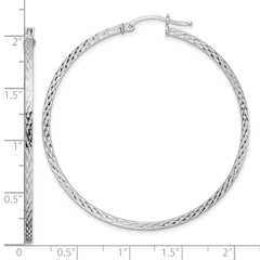 Sterling Silver Rhodium-plated Diamond-cut 2x50mm Square Tube Hoop Earrings