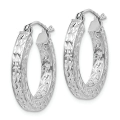 Sterling Silver Rhodium-plated Diamond-cut 3x20mm Square Tube Hoop Earrings