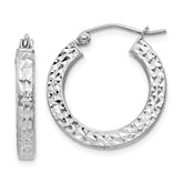 Sterling Silver Rhodium-plated Diamond-cut 3x20mm Square Tube Hoop Earrings