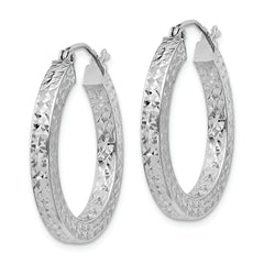 Sterling Silver Rhodium-plated Diamond-cut 3x25mm Square Tube Hoop Earrings