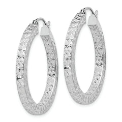 Sterling Silver Rhodium-plated Diamond-cut 3x30mm Square Tube Hoop Earrings