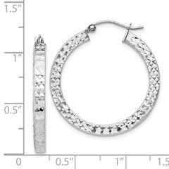 Sterling Silver Rhodium-plated Diamond-cut 3x30mm Square Tube Hoop Earrings