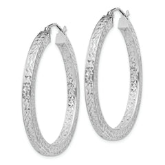 Sterling Silver Rhodium-plated Diamond-cut 3x35mm Square Tube Hoop Earrings