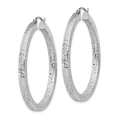 Sterling Silver Rhodium-plated Diamond-cut 3x40mm Square Tube Hoop Earrings