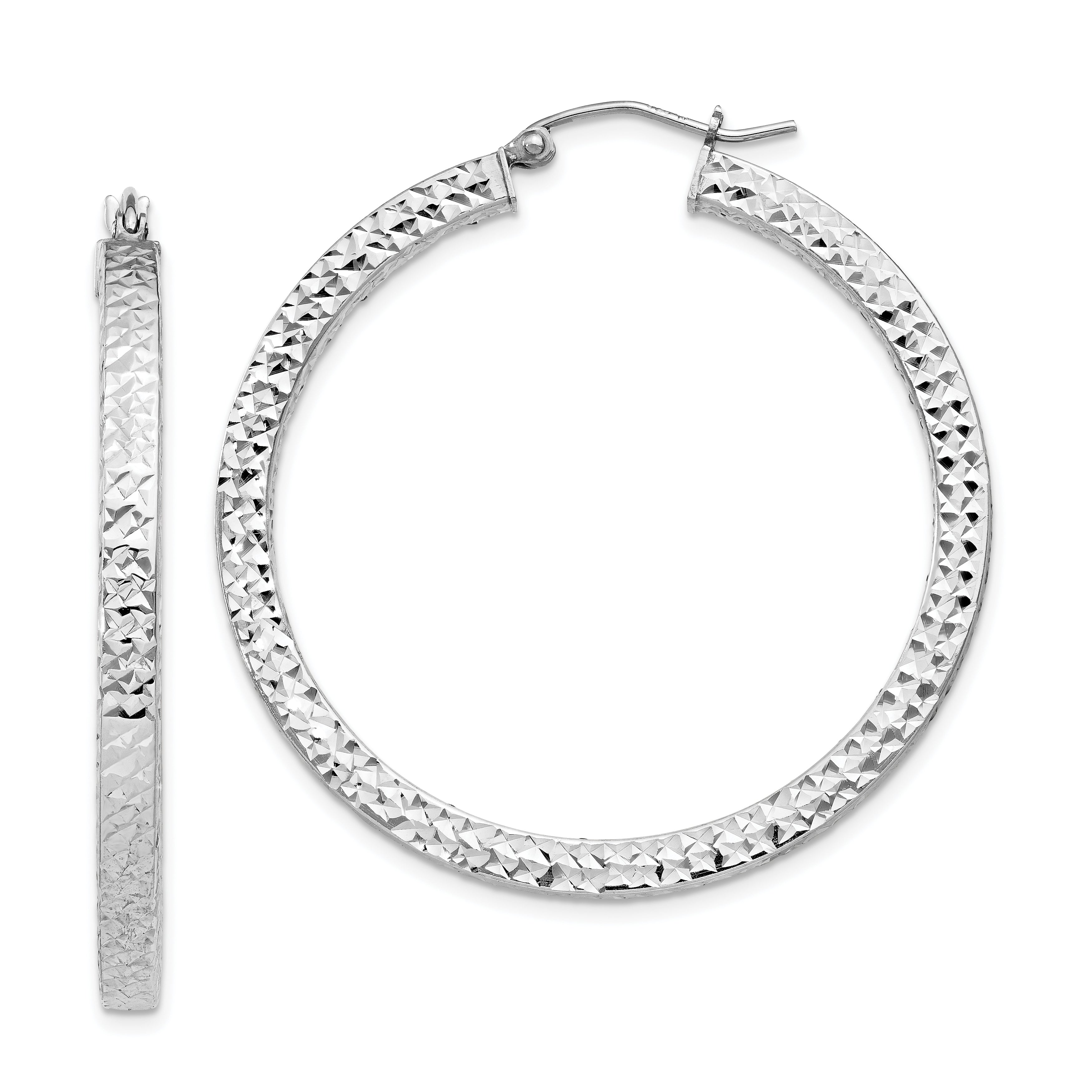 Sterling Silver Rhodium-plated Diamond-cut 3x40mm Square Tube Hoop Earrings