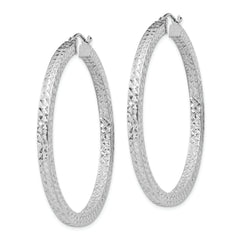 Sterling Silver Rhodium-plated Diamond-cut 3x45mm Square Tube Hoop Earrings