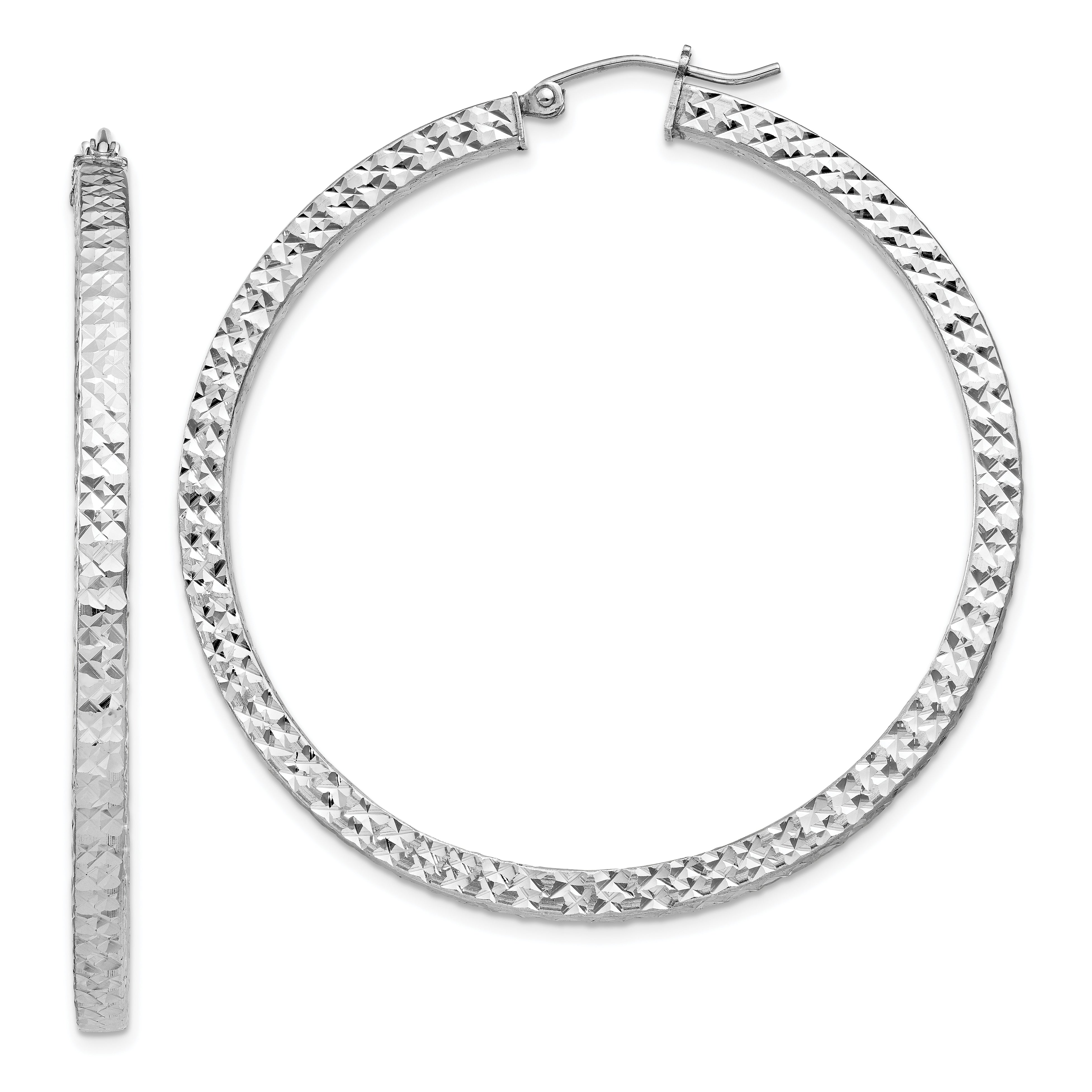 Sterling Silver Rhodium-plated Diamond-cut 3x50mm Square Tube Hoop Earrings