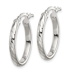 Sterling Silver Rhod-plated Textured 3mm Hollow Oval Hoop Earrings