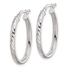 Sterling Silver Rhod-plated Textured 3mm Hollow Oval Hoop Earrings