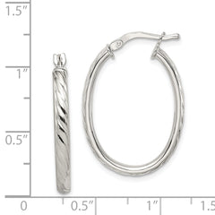 Sterling Silver Rhod-plated Textured 3mm Hollow Oval Hoop Earrings