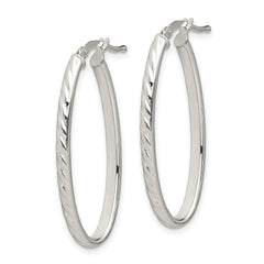 Sterling Silver Rhod-plated Textured 3mm Hollow Oval Hoop Earrings