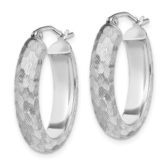 Sterling Silver Rhodium-plated Diamond-cut 5mm Oval Hoop Earrings