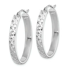 Sterling Silver Rhodium-plated Diamond-cut 4mm Oval Hoop Earrings