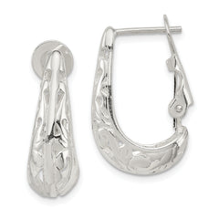 Sterling Silver Polished & Filigree Omega Back J-Hoop Earrings
