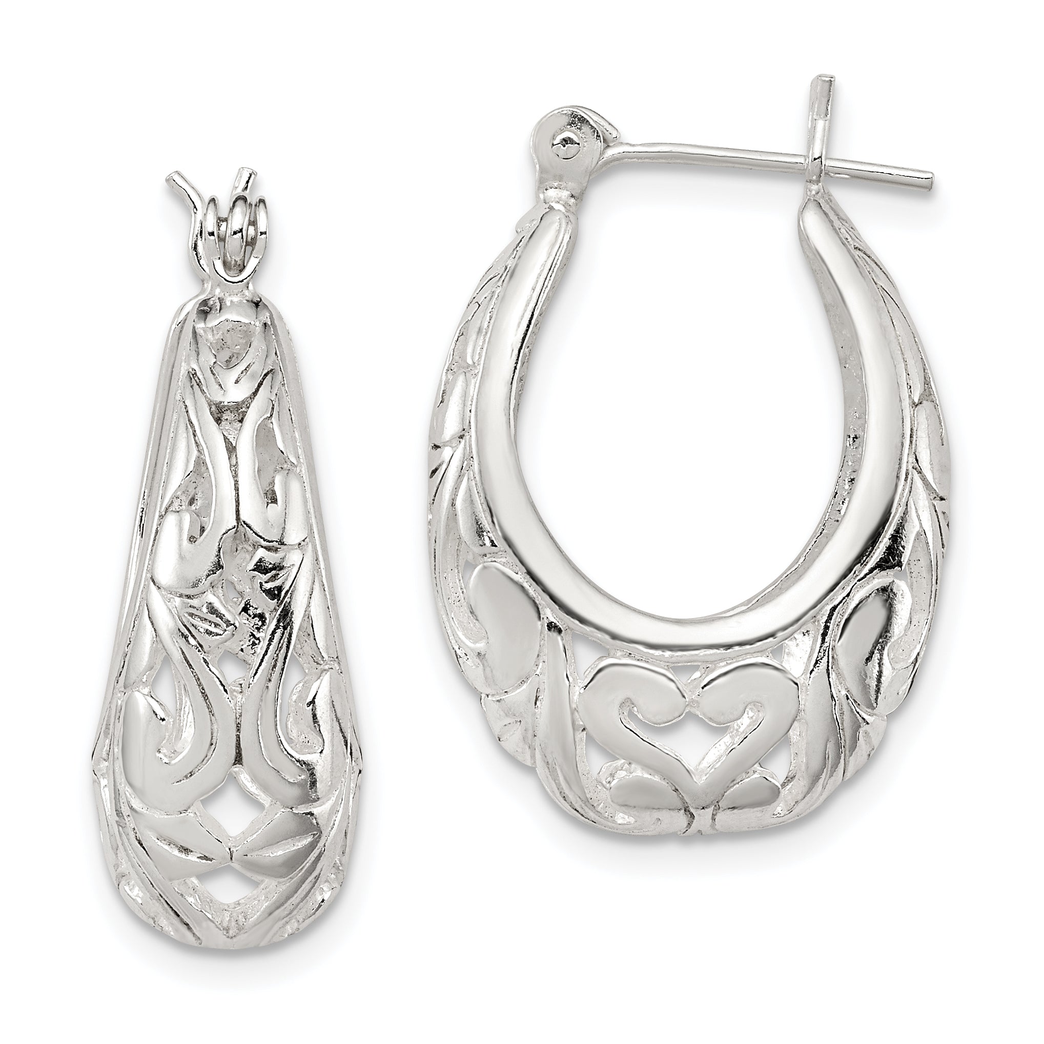 Sterling Silver Polished Filigree Oval Hoop Earrings