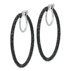 Sterling Silver Rhodium/Black Glitter Enamel 2x35mm Hoop Earrings